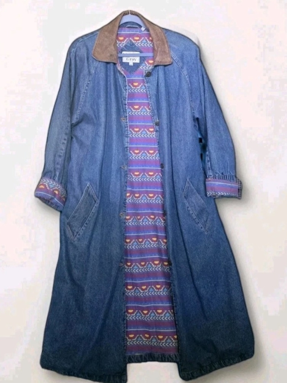 Long Denim Trench Coat with Suede Collar - Blue